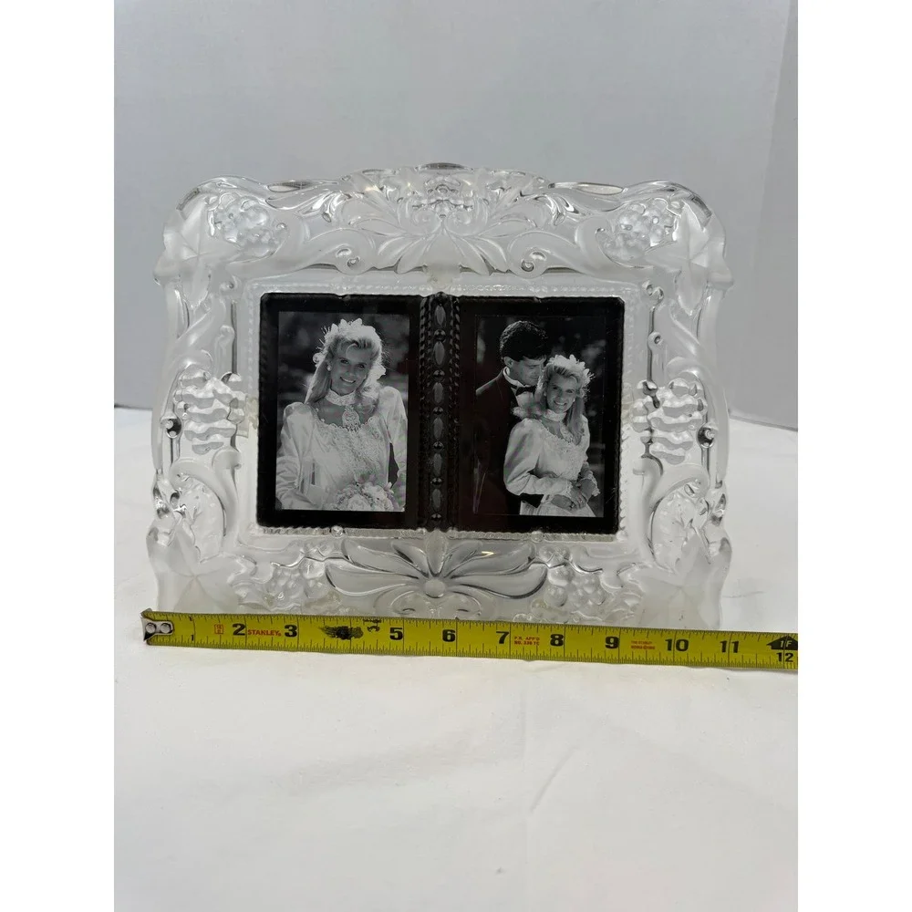 Vintage Frosted Glass Double‎ Picture Frame Floral Relief Wedding Decor 11.5x9